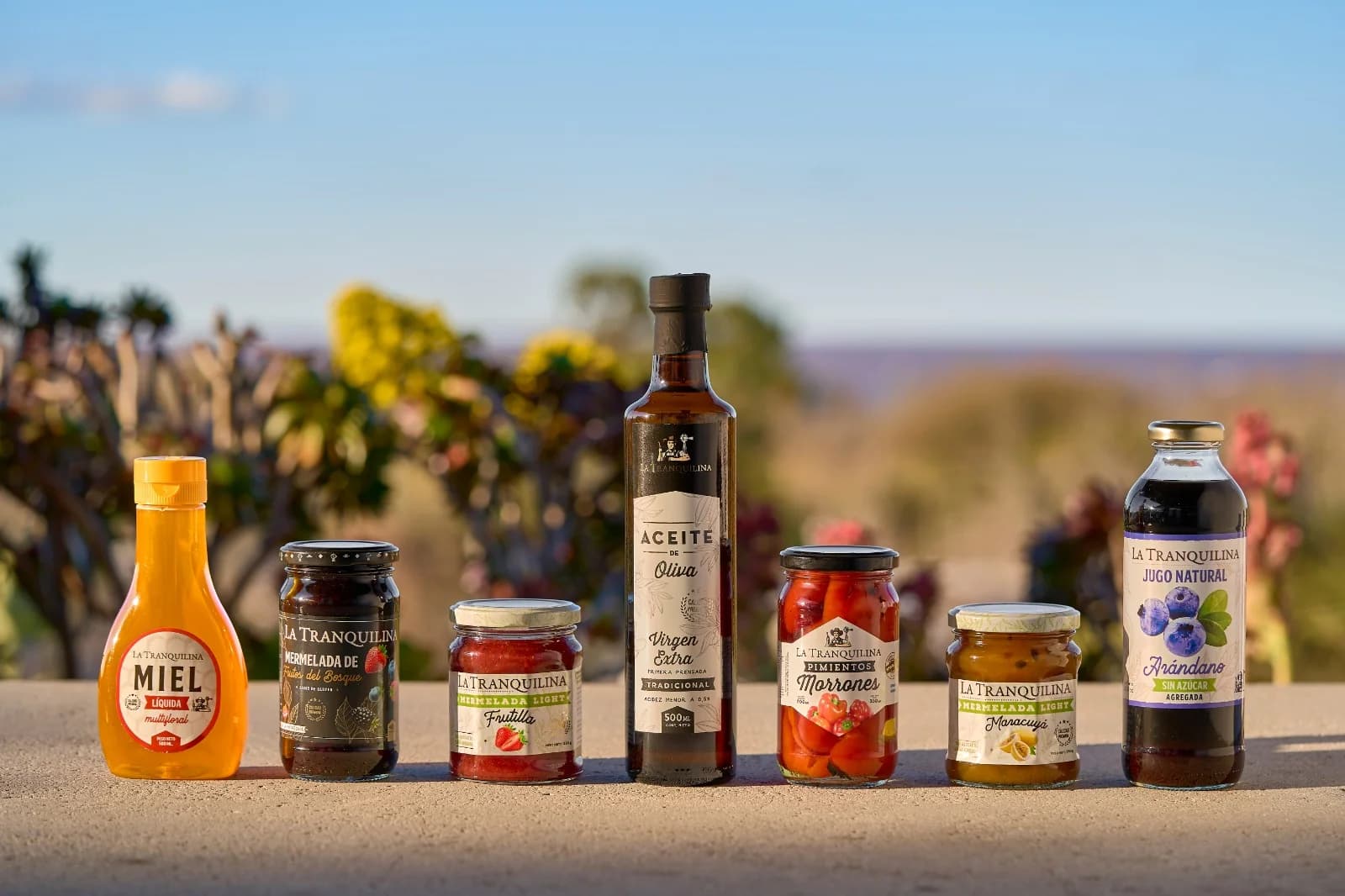 Línea de frascos La Tranquilina: miel, mermeladas, aceite de oliva, morrones y jugo natural